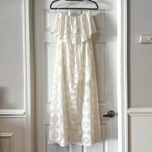 Off-white lace maxi dress. Strapless.